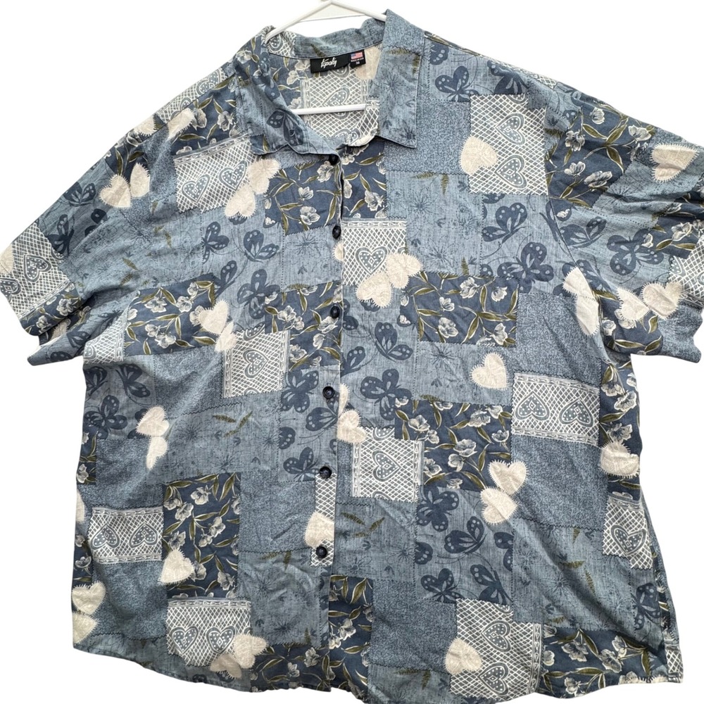 Tapestry Button Up Shirt Womens Plus 30 Patchwork Heart Cottagecore